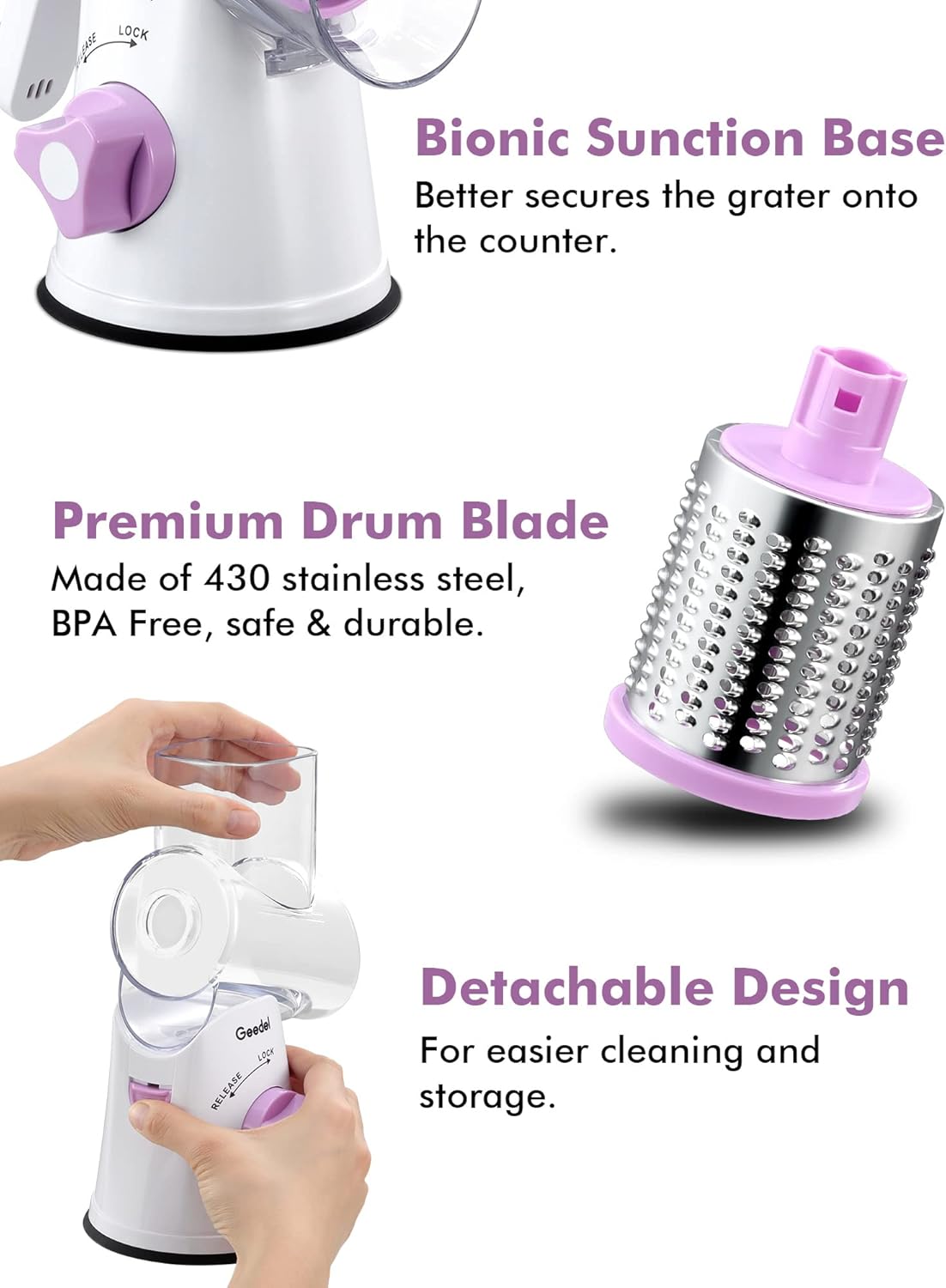 Geedel Rotary Cheese Grater, Kitchen Mandoline Vegetable Slicer with 3 Interchangeable Blades, Easy to Clean Grater for Fruit, Vegetables, Nuts