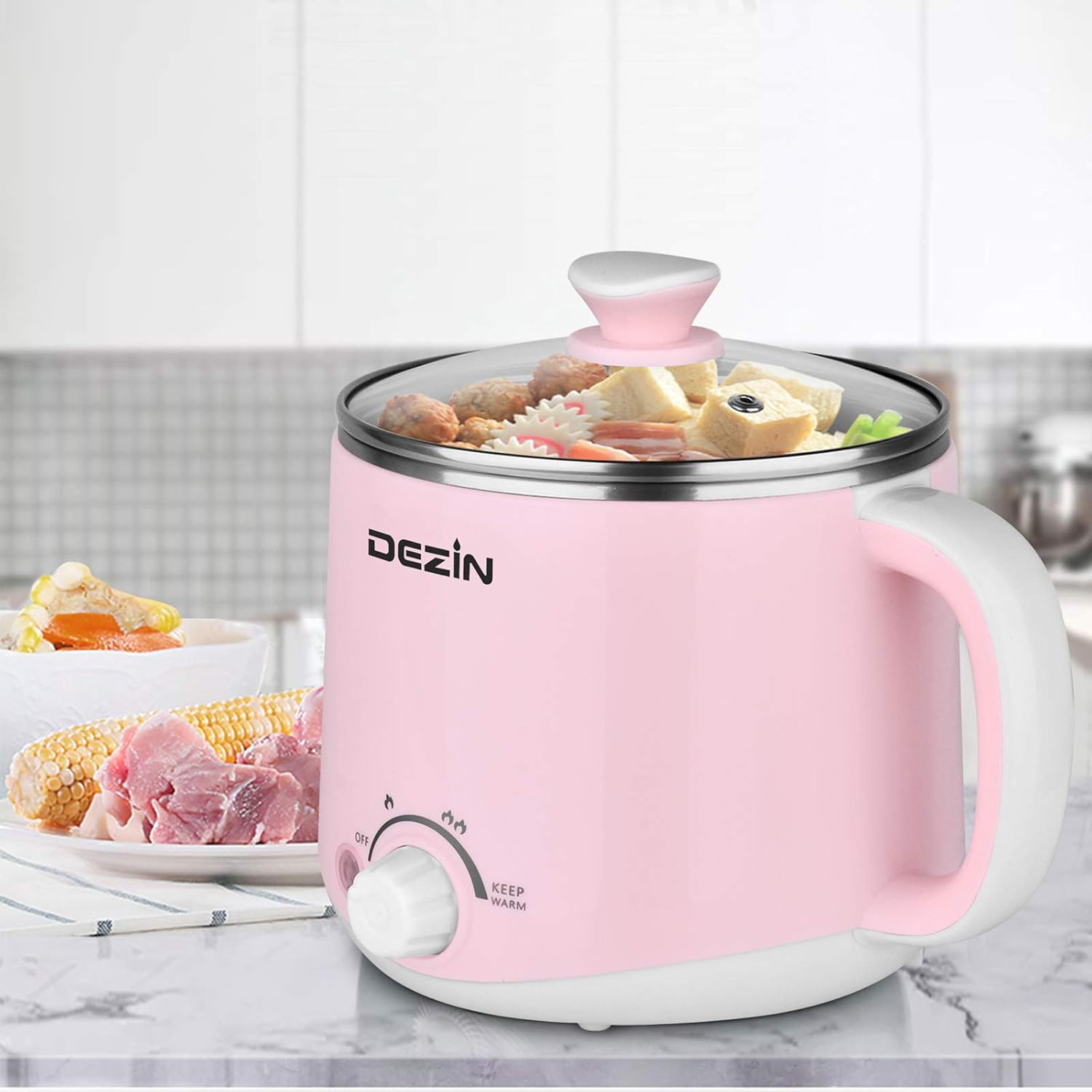 Dezin Electric Pot, 1.6L Ramen Cooker, Hot Pot Electric Stainless Steel, Multifunctional Electric Cooker for Egg, Pasta, Soup, Porridge, Oatmeal with Temperature Control and Keep Warm Function