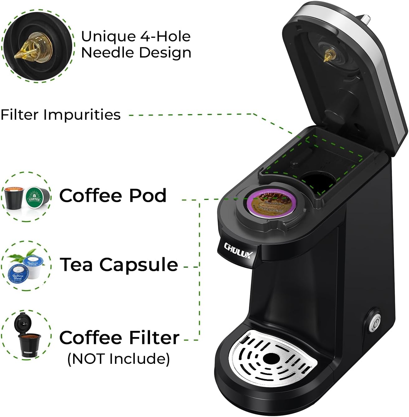 CHULUX Single Serve Coffee Maker for K Capsule and Ground Coffee, Single Cup Coffee Machine, Black