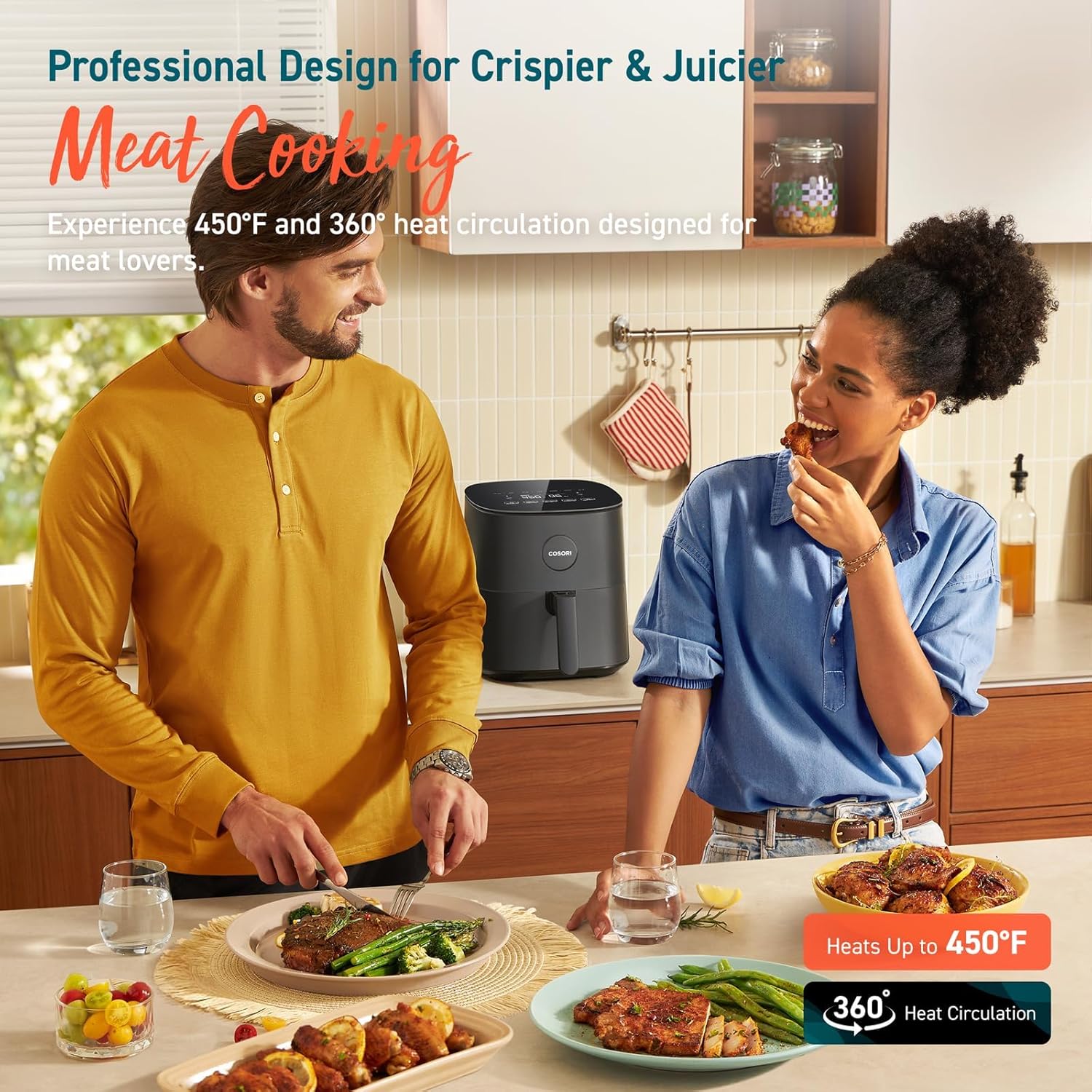 COSORI Air Fryer 9-in-1, Compact 5-Qt, Perect for Meat Enthusiasts with 450°F Max Heat Function , 130+ In-App Recipes, Little to No Oil, Easy Clean Glass Touch Panel & Nonstick Basket, Gray