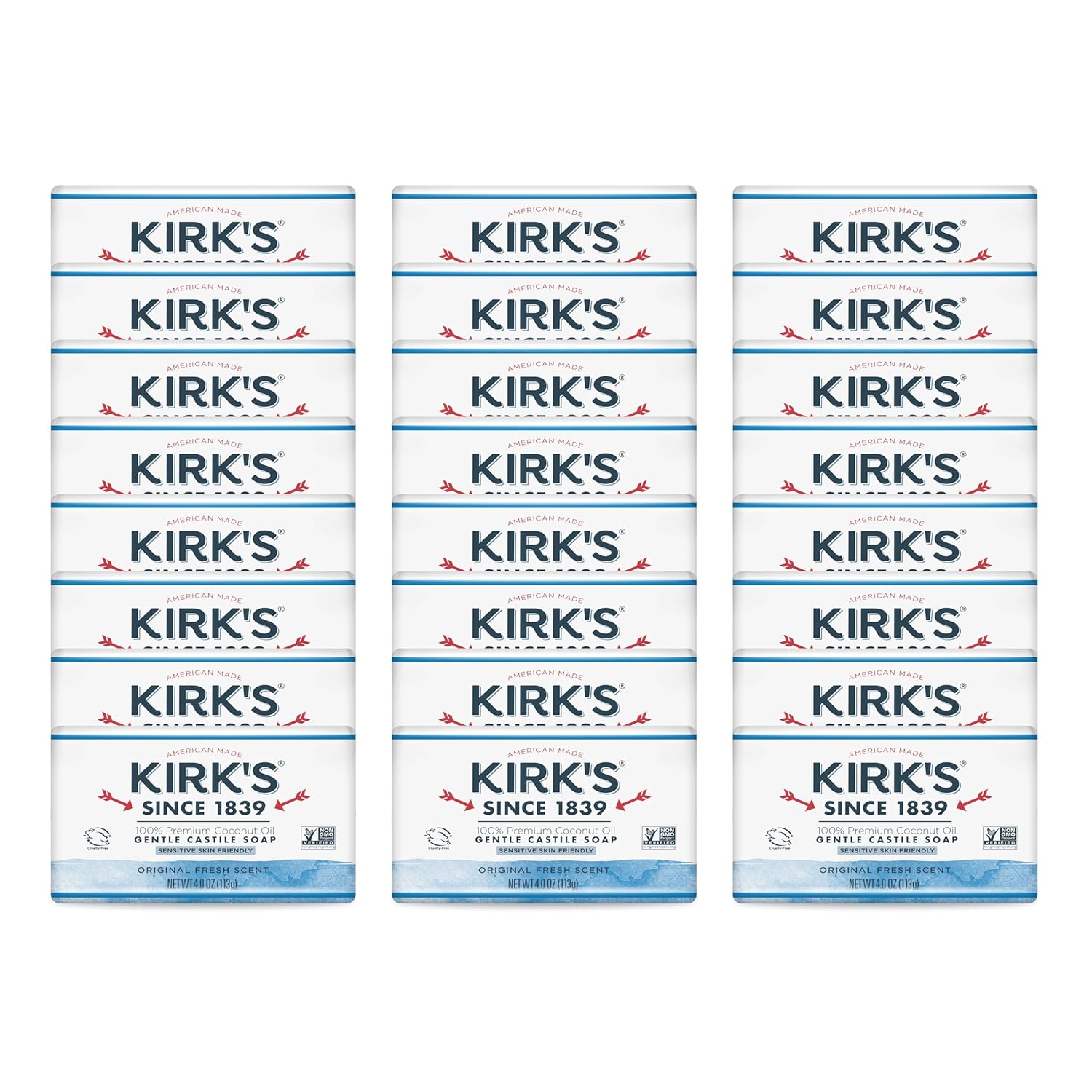 Kirk's Castile Bar Soap for Men, Women & Children - Made With Premium Coconut Oil, Sensitive Skin Formula, Vegan, Non GMO, Original Fresh Scent, 4 oz. Bars, 6 Pack