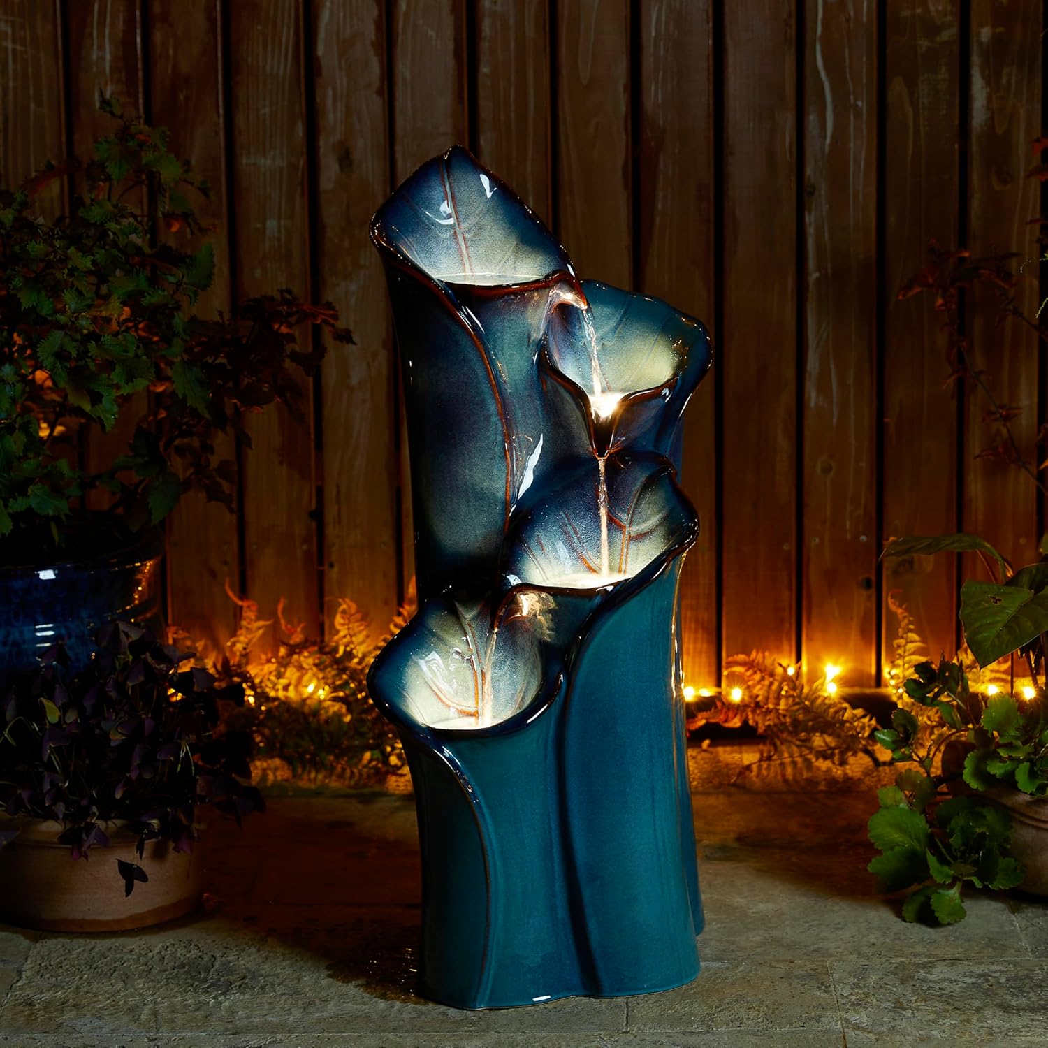 Outdoor Water Fountain with LED Lights and Pump, 4 Tier Dandelion Texture Vase Shaped Ceramic Floor Standing Fountain with Birds for Porch Deck Garden Patio Backyard, Turquoise