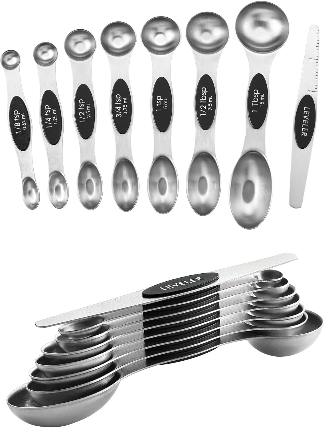 Spring Chef Magnetic Measuring Spoons Set with Strong N45 Magnets, Heavy Duty Stainless Steel Metal, Fits in Most Kitchen Spice Jars for Baking & Cooking, BPA Free, Black, Set of 8 with Leveler