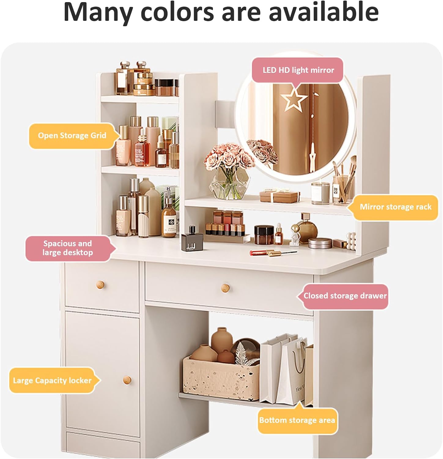 Makeup Vanity - Vanity Table with Three Adjustable Mirror Lightings, Added Storage Shelf, Multiple Chairs, Makeup Table for Bedroom