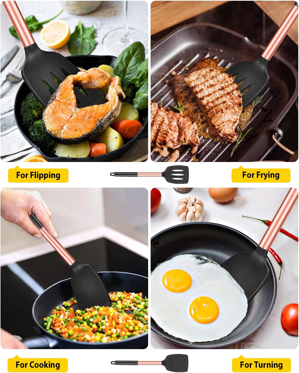 Pack of 2 Silicone Solid Turner,Non Stick Slotted Kitchen Spatulas,High Heat Resistant BPA Free Cooking Utensils,Ideal Cookware for Fish,Eggs,Pancakes (Black)