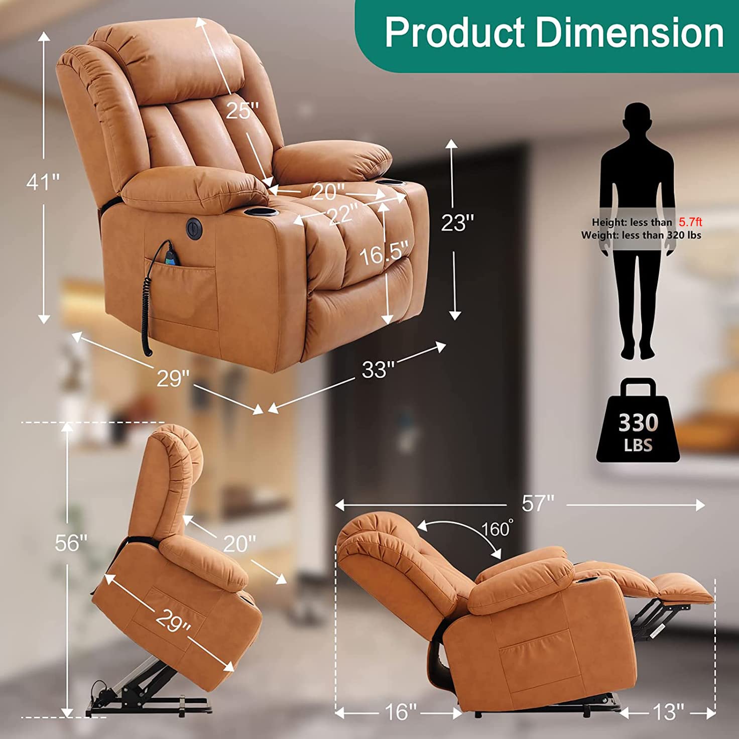 💥Clearance Sale🔥 Mcombo Electric lift Recliner sofa with massage and heating functions, 3 positions, 2 side pockets and cup holders, USB ports!