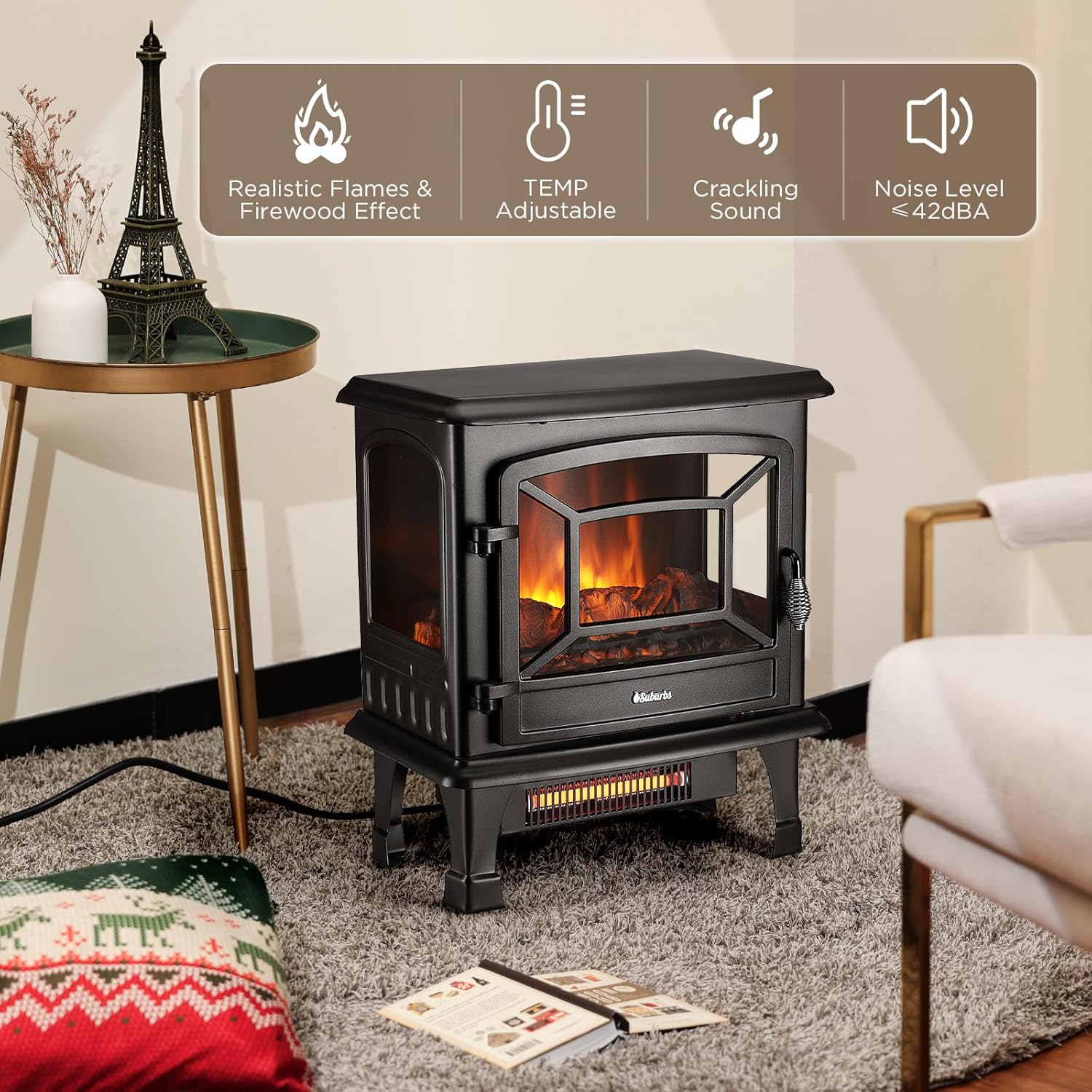 TURBRO Suburbs TS17 Compact Electric Fireplace Stove, 18” Freestanding Stove Heater with Realistic Flame - CSA Certified - Overheating Safety Protection - for Small Spaces - 1400W