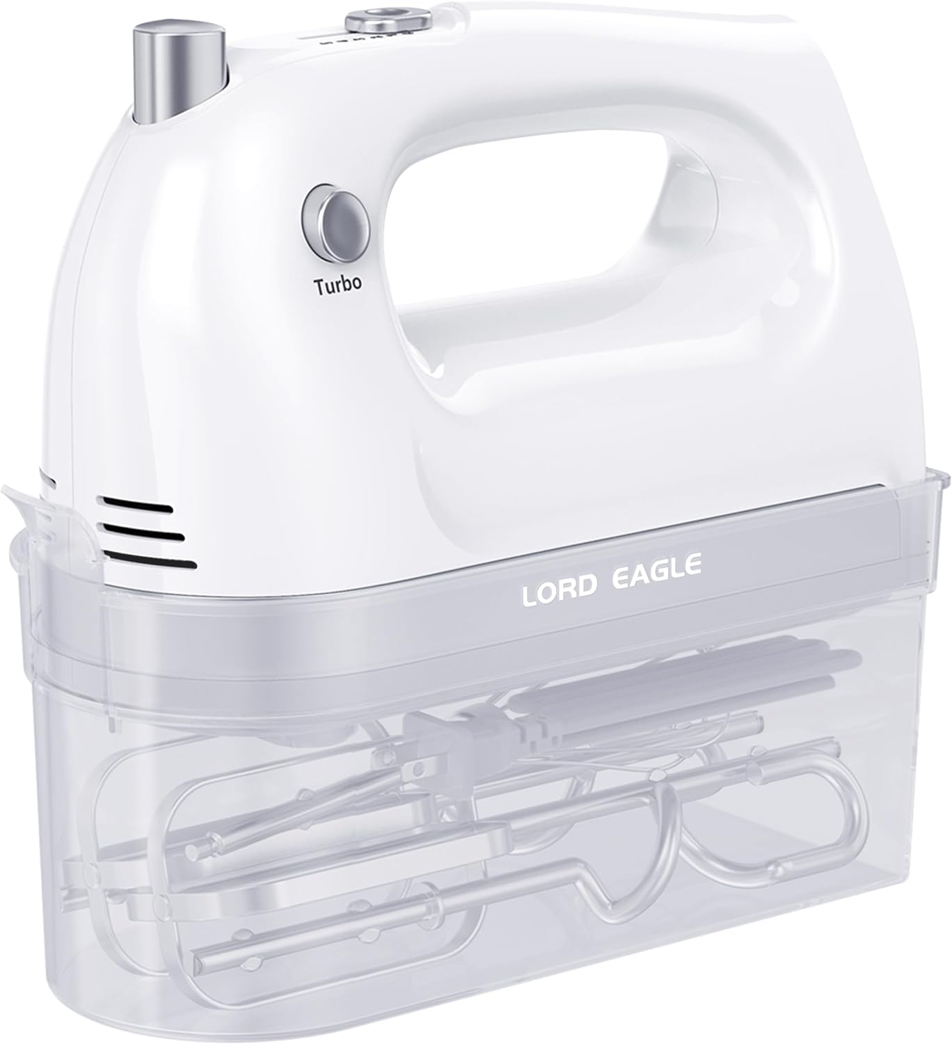 Lord Eagle Hand Mixer Electric, 400W Power handheld Mixer for Baking Cake Egg Cream Food Beater, Turbo Boost/Self-Control Speed + 5 Speed + Eject Button + 5 Stainless Steel Accessories (White)
