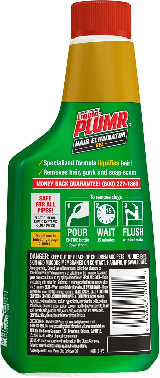 Liquid-Plumr Pro-Strength Hair Eliminator Gel Clog Remover, Hair Clog Remover and Drain Opener, Safe for All Septic Systems and Pipes, 16 fl. oz. Bottle
