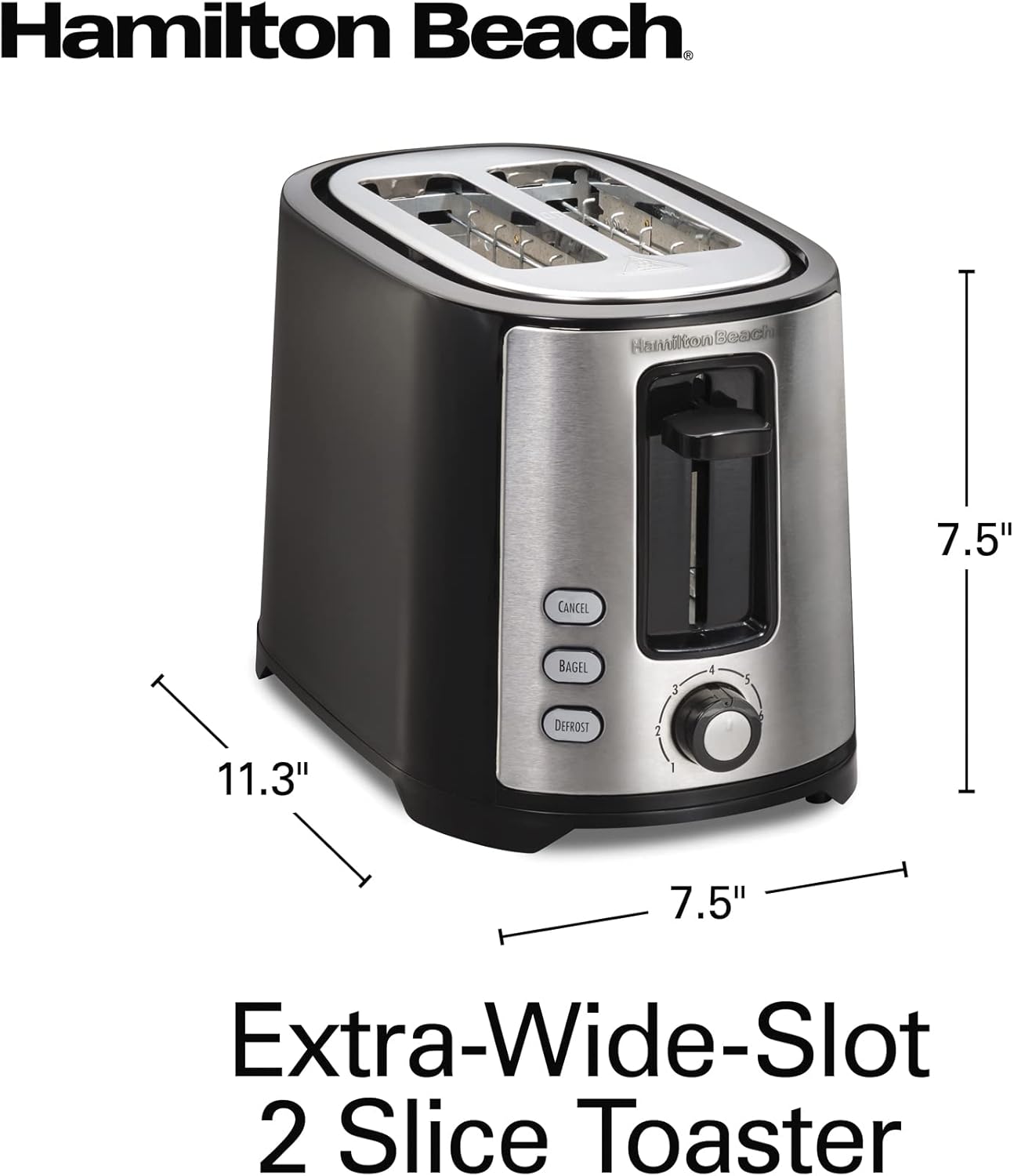 Hamilton Beach 2 Slice Extra Wide Slot Toaster with Bagel & Defrost Settings, Shade Selector, Toast Boost, Auto Shutoff, Black & Stainless Steel (22633)