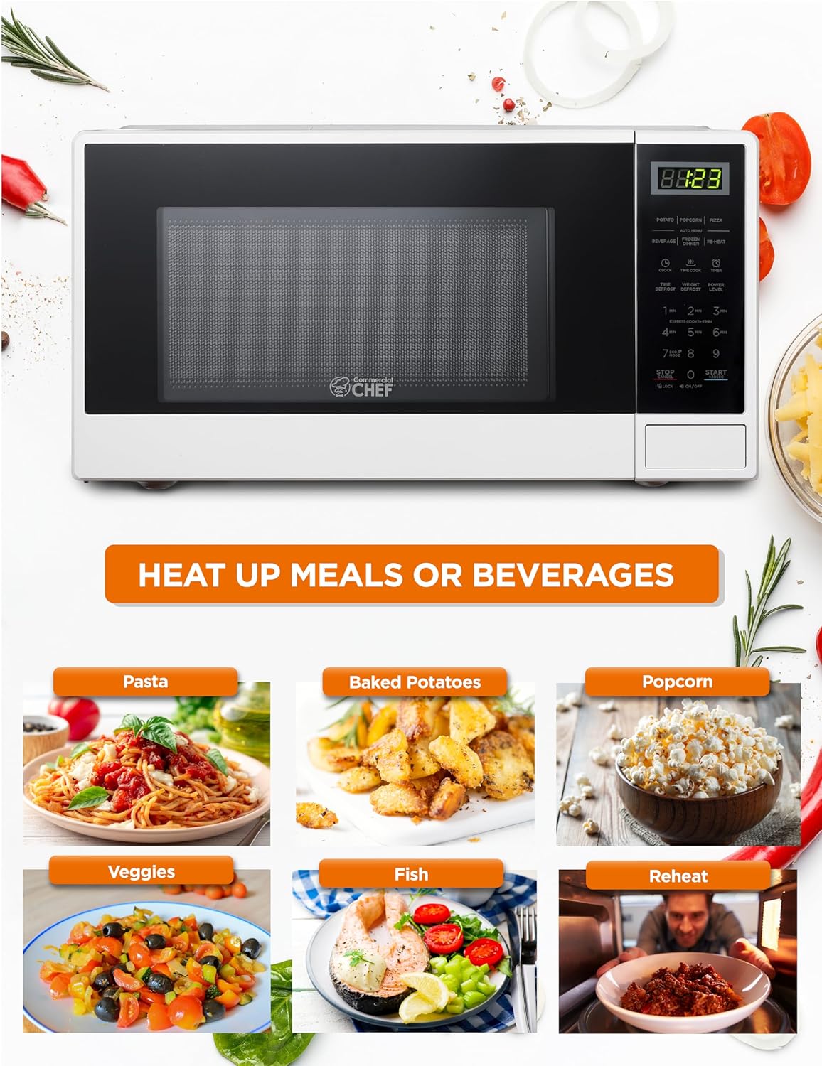 COMMERCIAL CHEF 0.6 Cubic Foot Microwave with 6 Power Levels, Small Microwave with Grip Handle, 700W Countertop Microwave with 30 Minute Timer and Mechanical Dial Controls, White