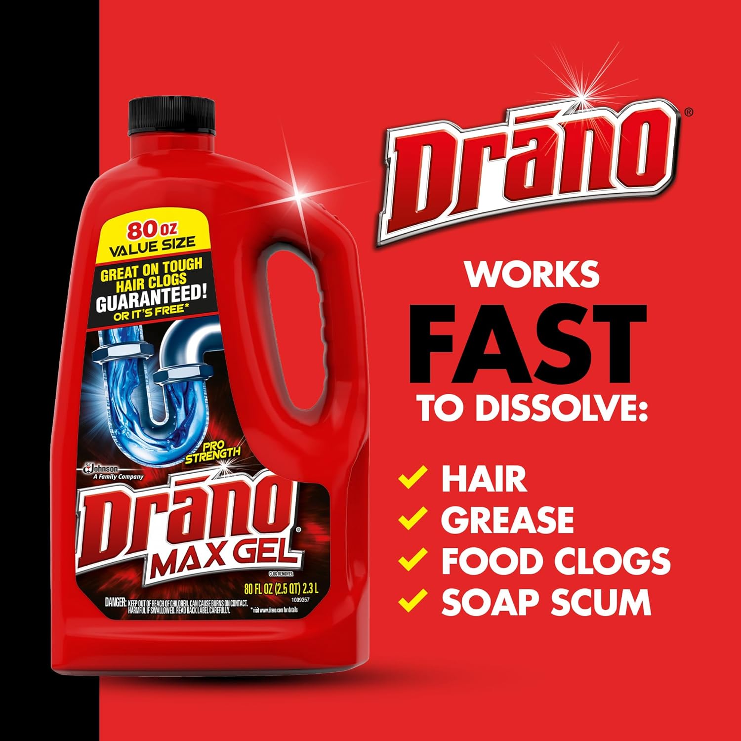 Drano Max Gel Drain Clog Remover and Cleaner for Shower or Sink Drains, Unclogs and Removes Hair, Soap Scum and Blockages, 80 Oz
