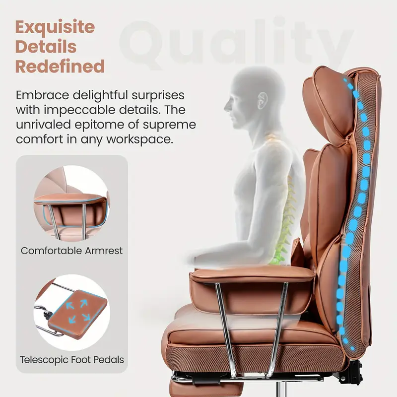 Plus-Size Executive High-Back Leather Actflame Premium Ergonomic Office Chair With Enhanced Lumbar Support & Integrated Footrest - Perfect Fit For Spacious Homes & Offices