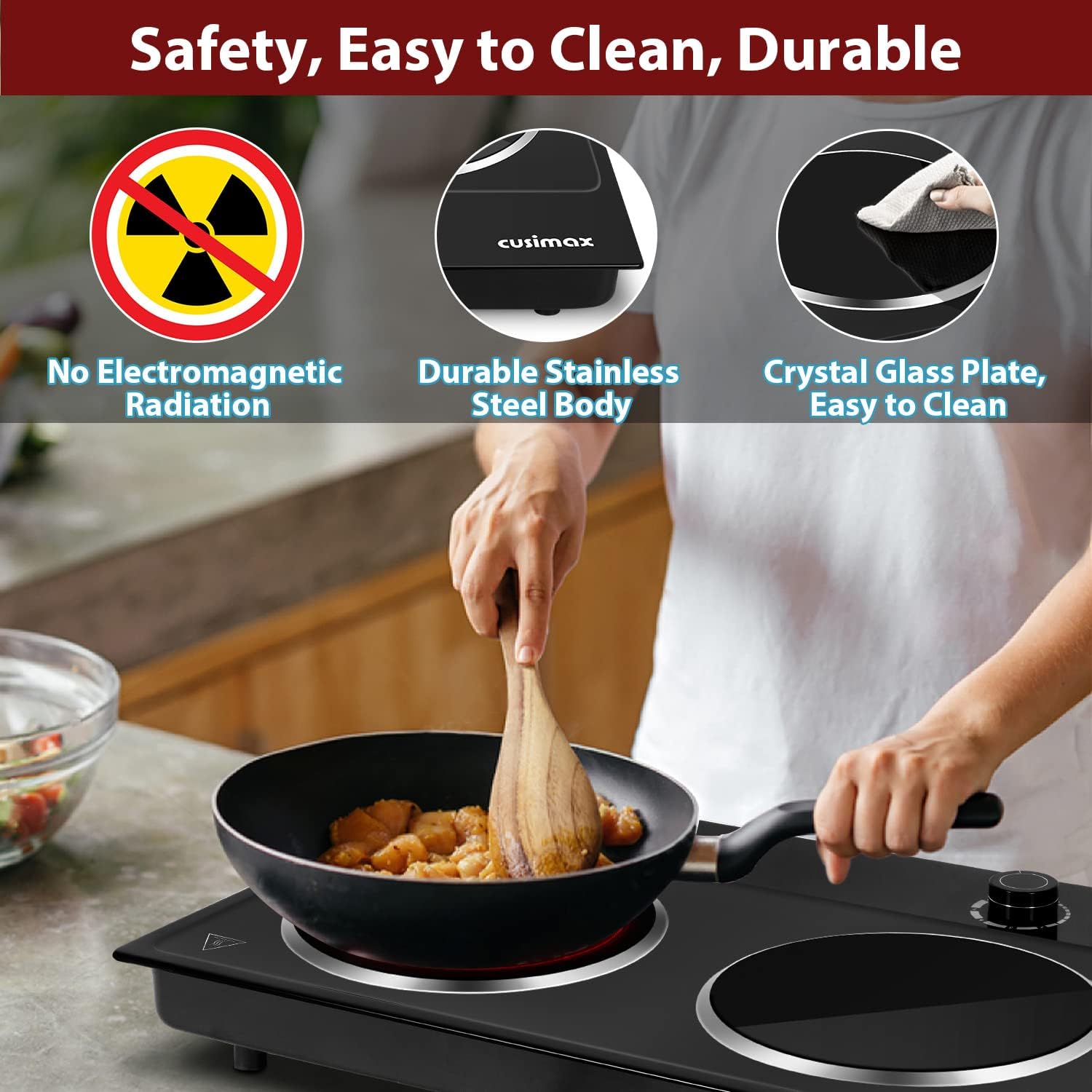 CUSIMAX 1800W Ceramic Electric Hot Plate for Cooking, Dual Control Infrared Cooktop, Double Burner, Portable Countertop Burner, Glass Plate Electric Cooktop, Silver, Stainless Steel-Upgraded Version
