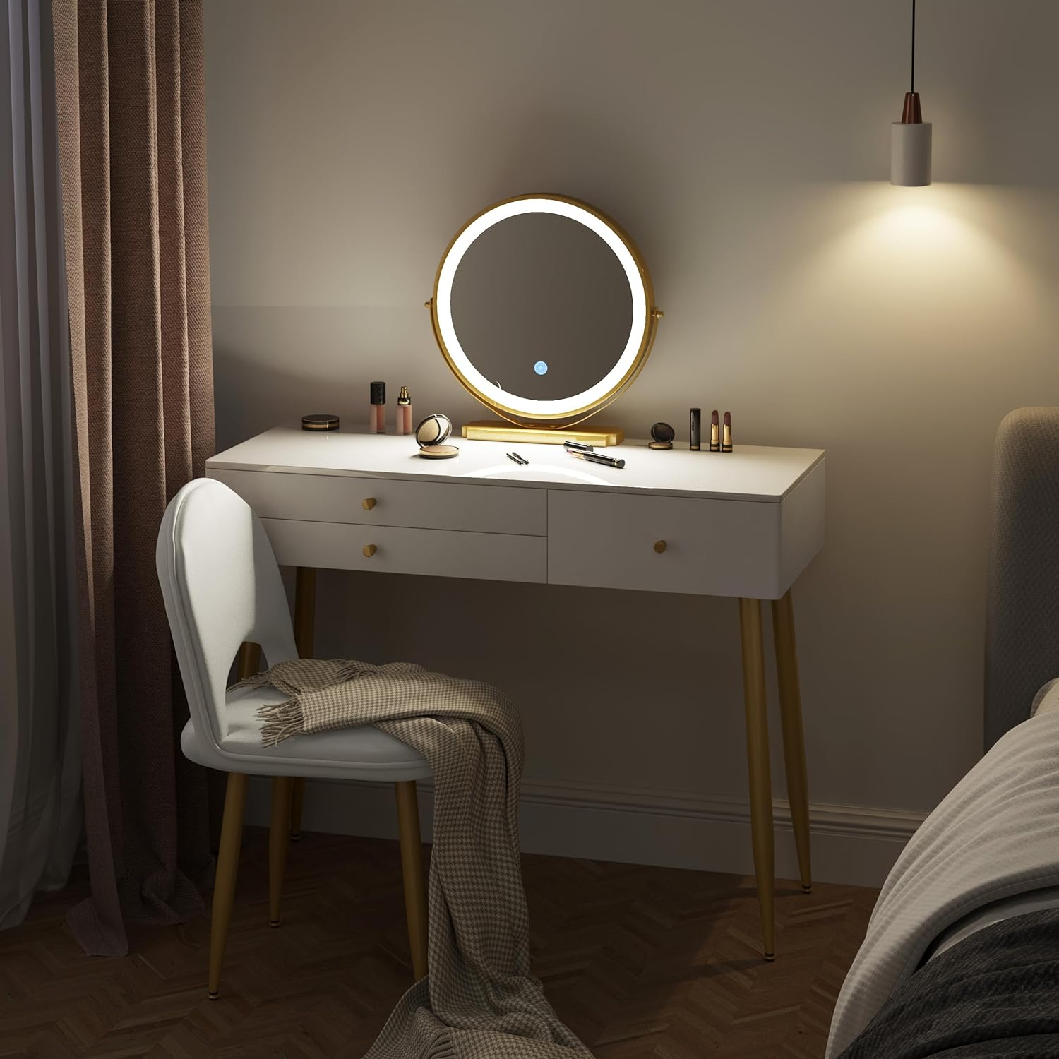 WOLTU MB6105ws Dressing Table with Lighting and Chair, 3 Colours with Adjustable Brightness, Dressing Table with 3 Solid Wood Drawers, Large Table Top 100 x 40 cm, White + Gold