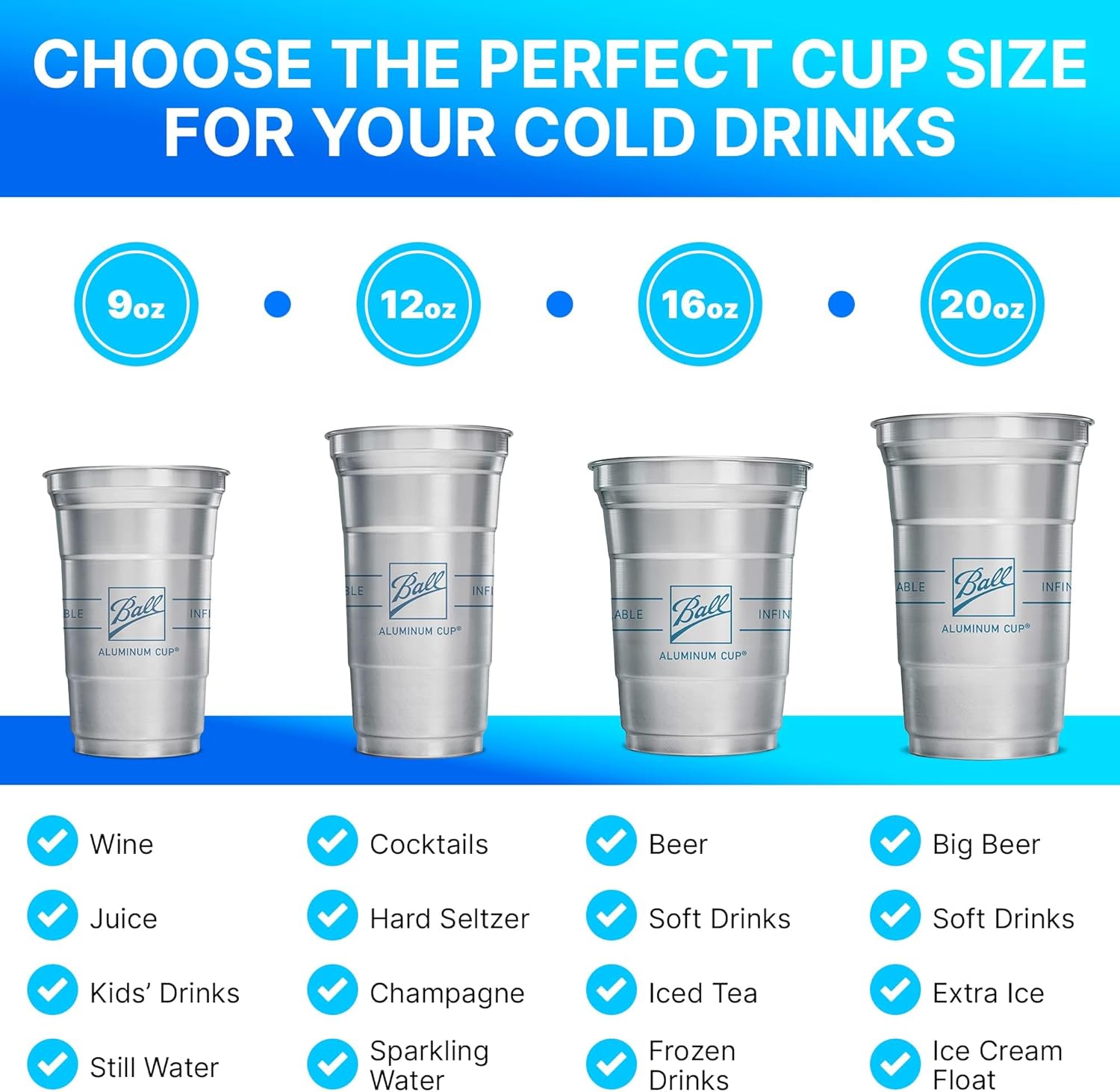 Ball Aluminum Cup Recyclable Party Cups, 20 oz. Cup, 30 Cups Per Pack