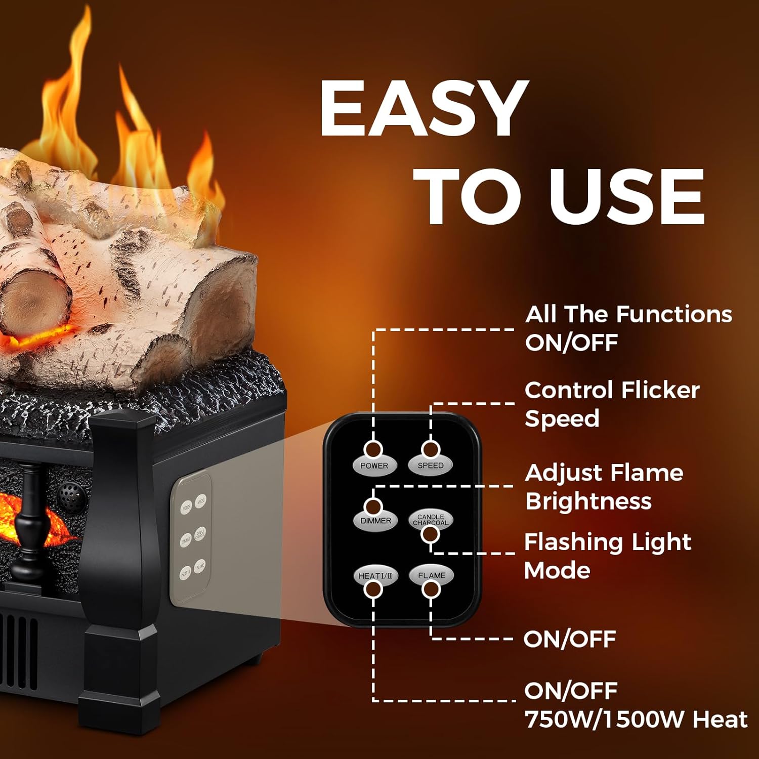 21 Inches Electric Fireplace Insert Log Heater Set, Freestanding Heater with Adjustable Flame Brightness and Flicker Speed, 750w/1500w Heating, Overheat Protection, Remote Control