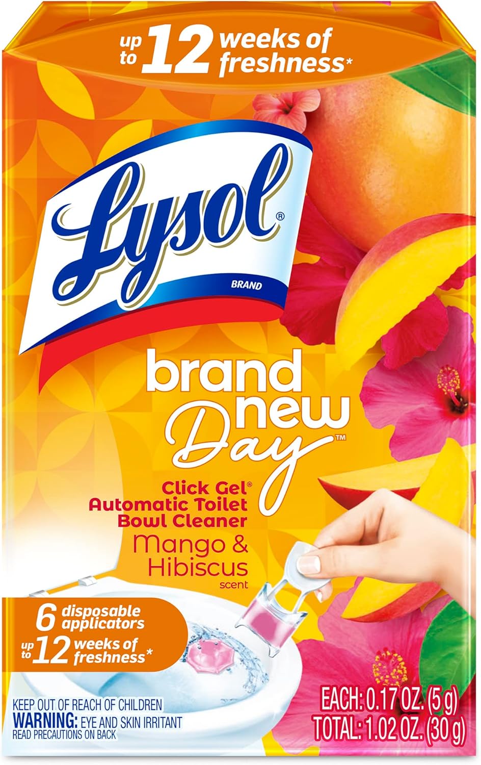 Lysol Click Gel Automatic Toilet Bowl Cleaner, Gel Toilet Bowl Cleaner, For Cleaning and Refreshing, Mango & Hibiscus, 6 Count (Pack of 1)