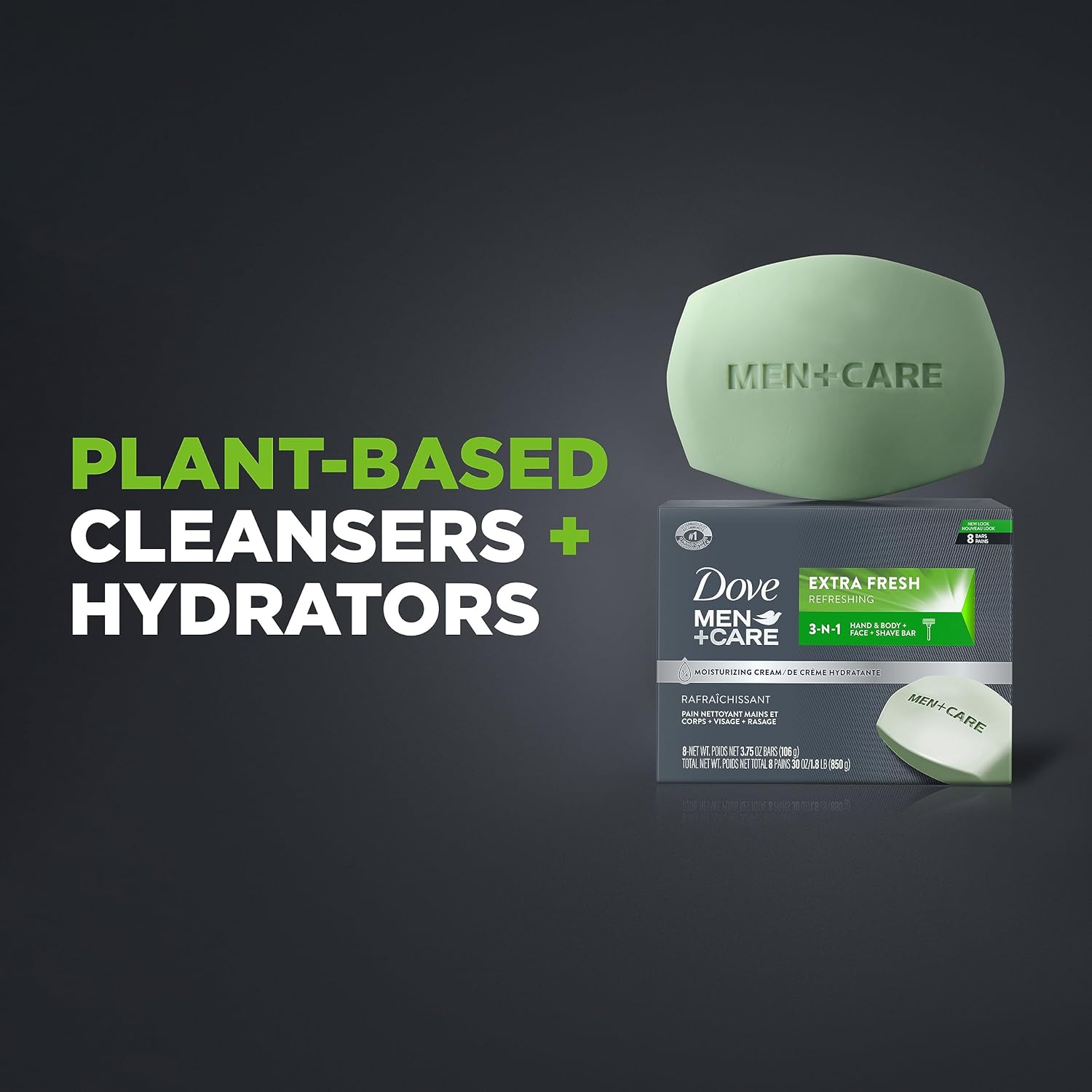 DOVE MEN + CARE 3 in 1 Bar Cleanser for Body, Face, and Shaving Extra Fresh Body and Facial Cleanser More Moisturizing Than Bar Soap to Clean and Hydrate Skin 3.75 Ounce (Pack of 8)