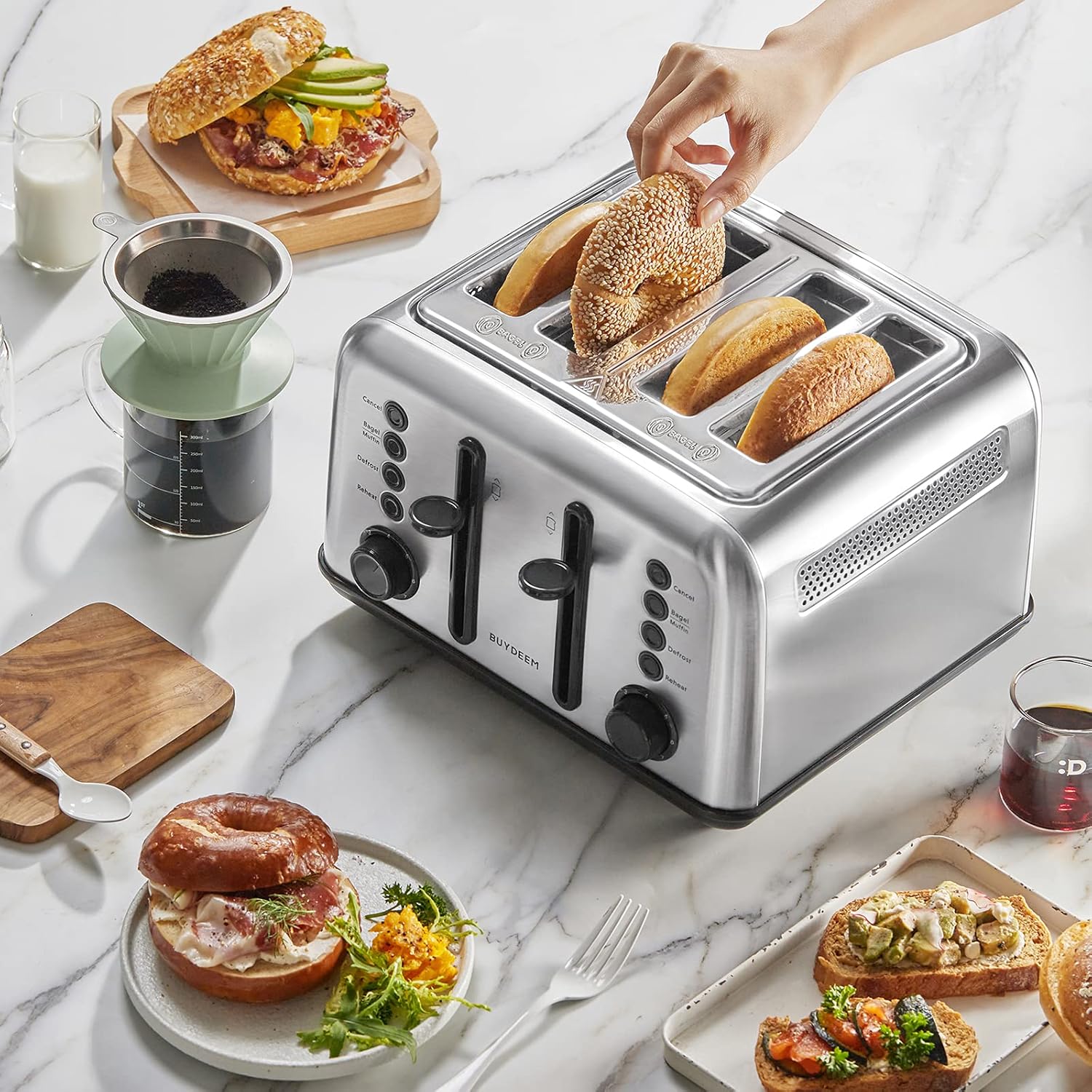 BUYDEEM DT620 2-Slice Toaster, Extra Wide Slots, Retro Stainless Steel with High Lift Lever, Bagel and Muffin Function, Removal Crumb Tray, 7-Shade Settings,Stainless Steel