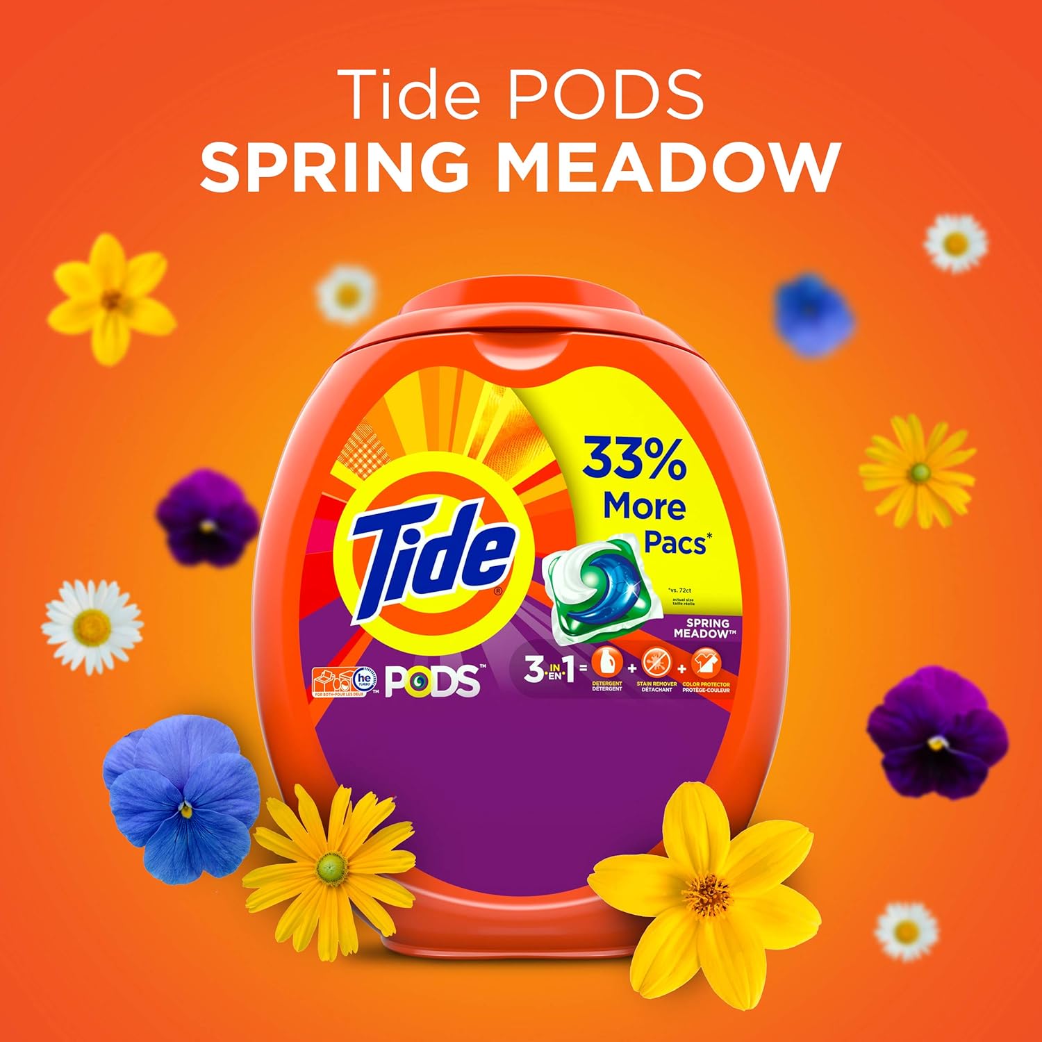 Tide PODS Liquid Laundry Detergent Soap Pacs, Powerful 3-in-1 Clean in One Step, He Compatible, Spring Meadow Scent, 76 Count