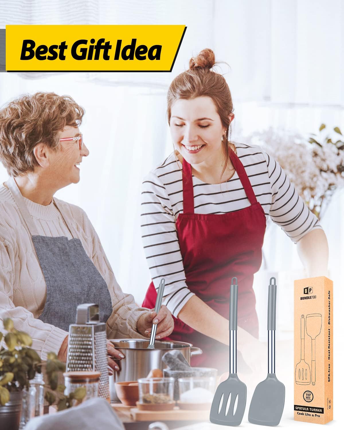 Pack of 2 Silicone Solid Turner,Non Stick Slotted Kitchen Spatulas,High Heat Resistant BPA Free Cooking Utensils,Ideal Cookware for Fish,Eggs,Pancakes (Black)