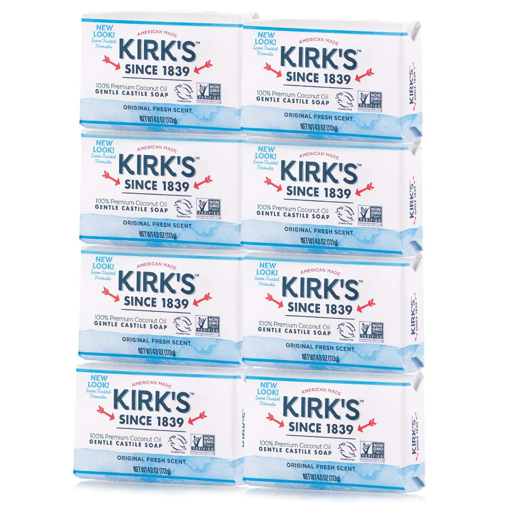 Kirk's Castile Bar Soap for Men, Women & Children - Made With Premium Coconut Oil, Sensitive Skin Formula, Vegan, Non GMO, Original Fresh Scent, 4 oz. Bars, 6 Pack