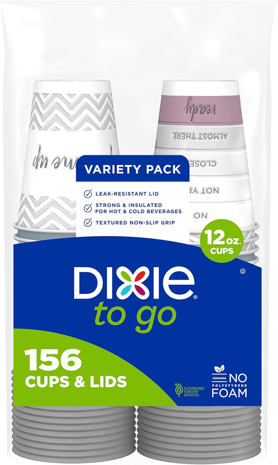 Dixie To Go Medium Paper Coffee Cups With Lids, 12 Oz, 156 Count, Disposable Cups For On-The-Go Hot Beverages