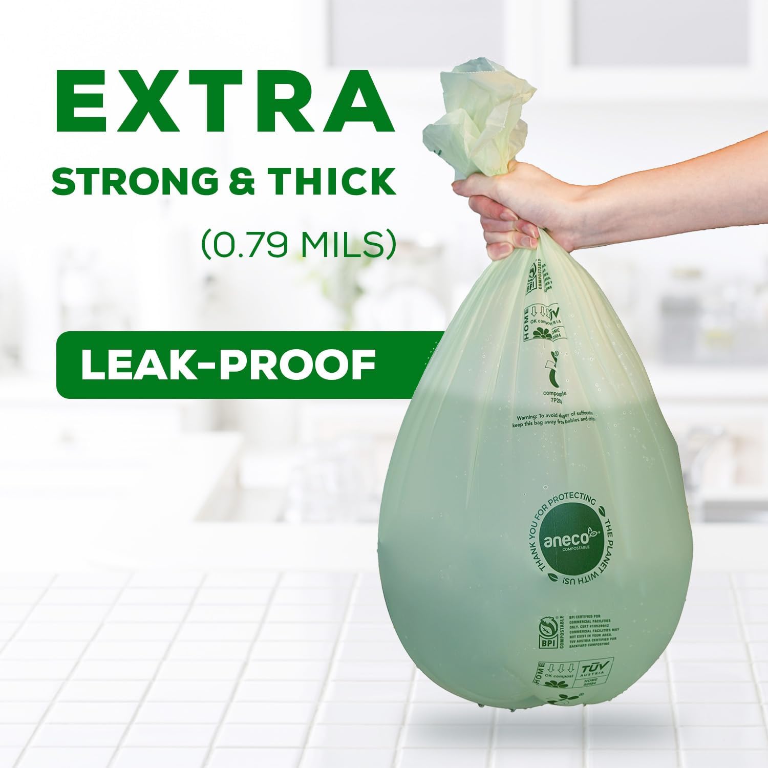 ANECO 100% Compostable Waste Bags 2.6 Gallon, Extra Thick Kitchen Small Compost Bags for Countertop Bin (100 Count)