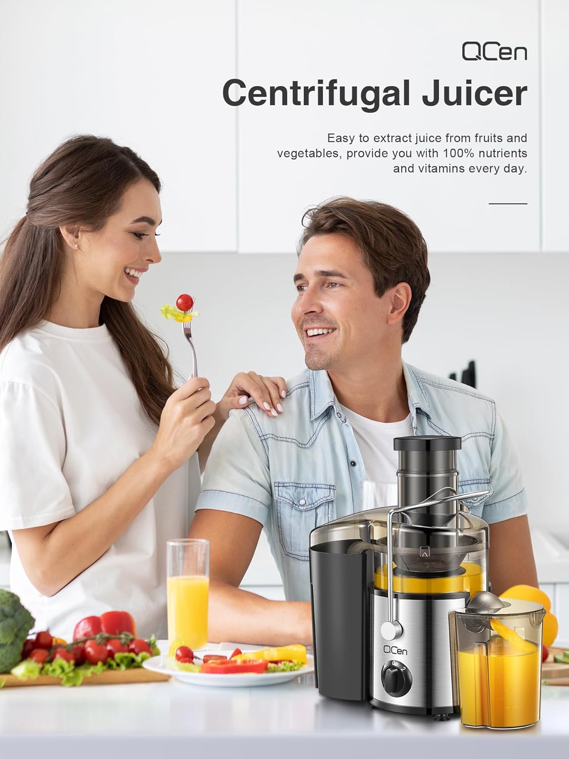 Qcen Juicer Machine, 800W Centrifugal Juicer Extractor with Wide Mouth 3” Feed Chute for Fruit Vegetable, Easy to Clean, Stainless Steel, BPA-free (Black)