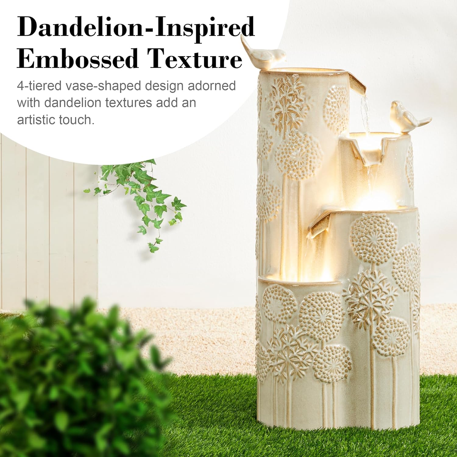 Outdoor Water Fountain with LED Lights and Pump, 4 Tier Dandelion Texture Vase Shaped Ceramic Floor Standing Fountain with Birds for Porch Deck Garden Patio Backyard, Turquoise