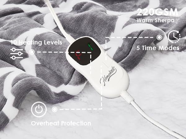 Homemate Heated Blanket Electric Throw - 50“x60“ Heating Blanket with 10 Fast Heat Levels 8 Hours Auto Off Soft Cozy Flannel Over-Heated Protection ETL Certification Keep Warming in Home