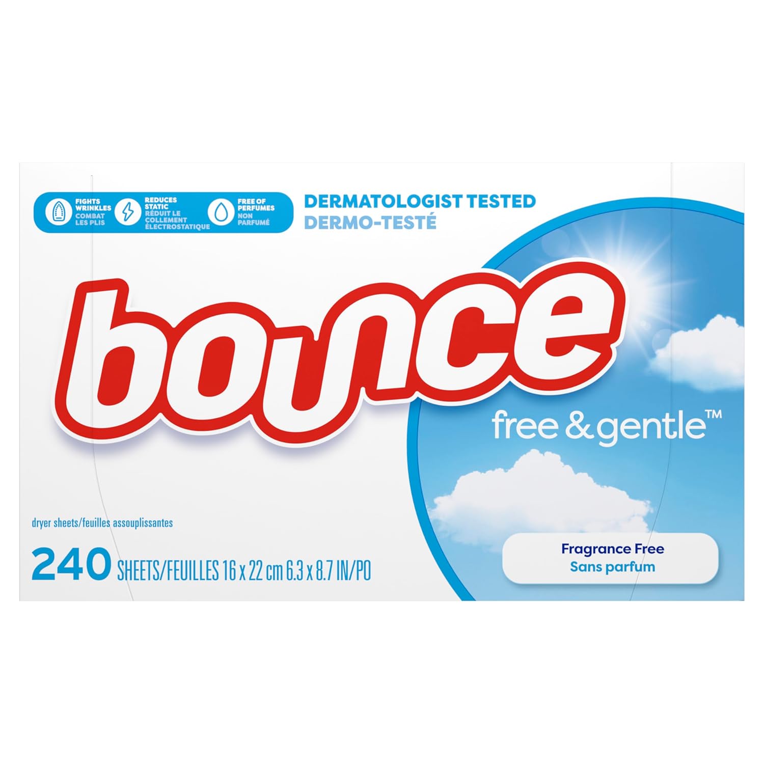 Bounce Free & Gentle Dryer Sheets, 240 Sheets, Unscented Fabric Softener Sheets, Hypoallergenic and Dermatologist Tested
