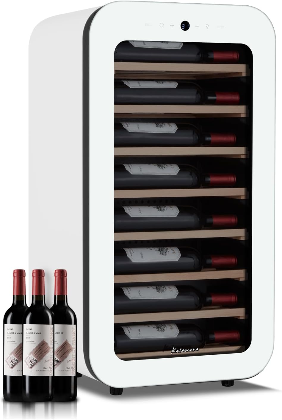 Kalamera 24 inch Wine Cooler, 46 Bottle - Dual Zone Built-in or Freestanding Fridge with Stainless Steel Reversible Glass Door, for Home, Kitchen, or Office.