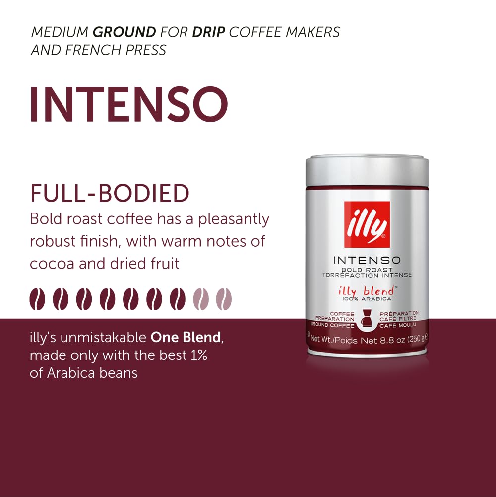 illy Classico Espresso Ground Coffee, Medium Roast, Classic Roast with Notes of Chocolate & Caramel, 100% Arabica Coffee, All-Natural, No Preservatives, 8.8 oz, Ground for Espresso Machines