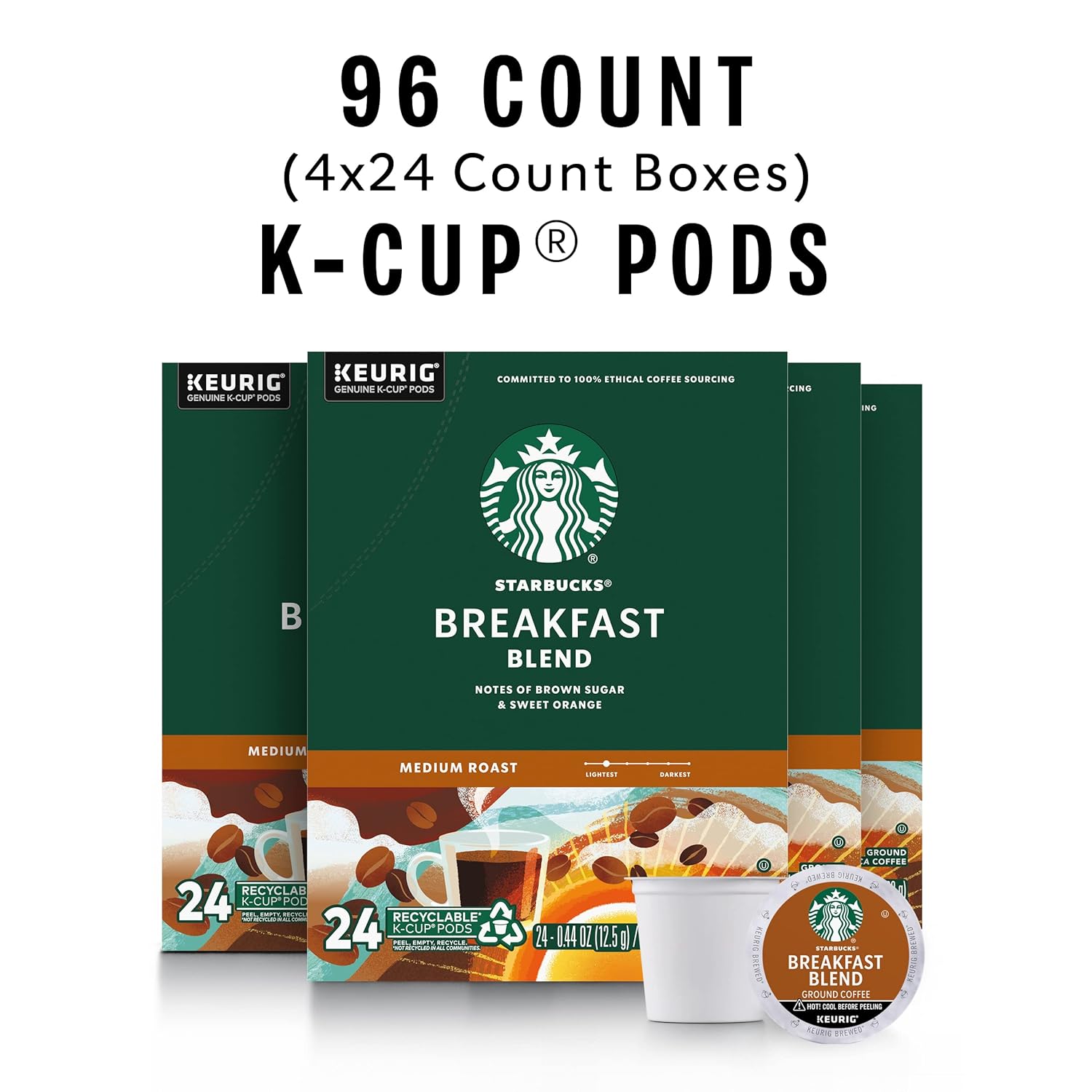 Starbucks K-Cup Coffee Pods, Medium Roast Coffee, Pike Place Roast for Keurig Brewers, 100% Arabica, 4 boxes (96 pods total)