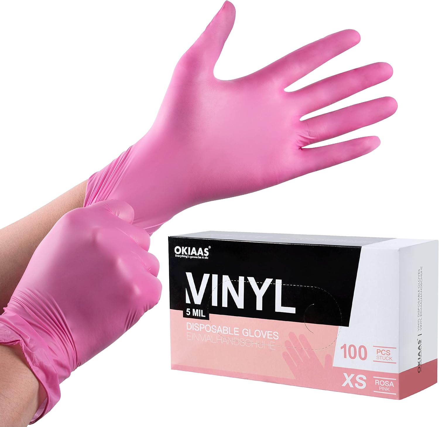 OKIAAS Black/Pink Vinyl Disposable Gloves Latex Free, Food Grade, 5 mil, Cooking, Cleaning, Hair Dye, 50/100/200/1000 Count