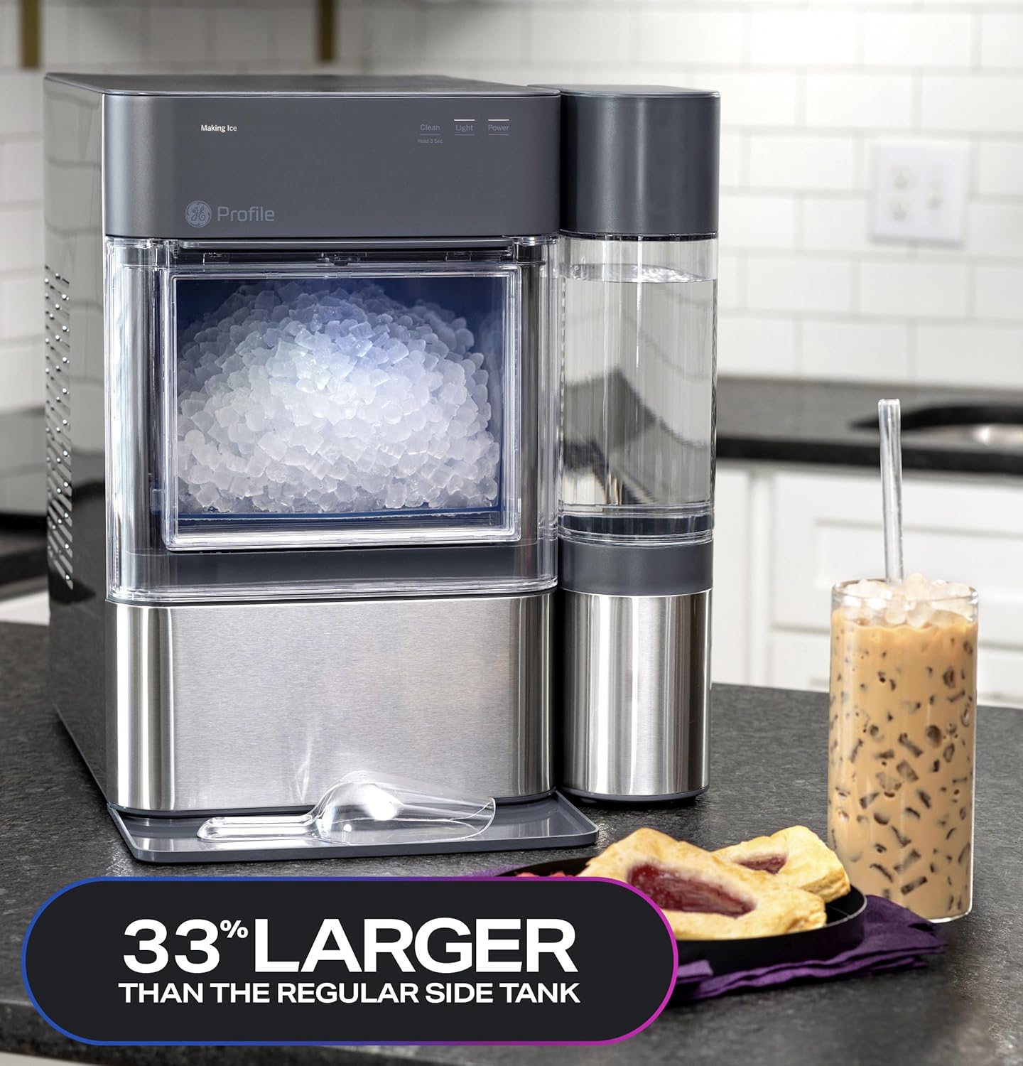 GE Profile Opal 2.0 XL with 1 Gallon Tank, Chewable Crunchable Countertop Nugget Ice Maker, Scoop included, 38 lbs in 24 hours, Pellet Ice Machine with WiFi & Smart Connected, Stainless Steel（Free cleaning kit + filter）