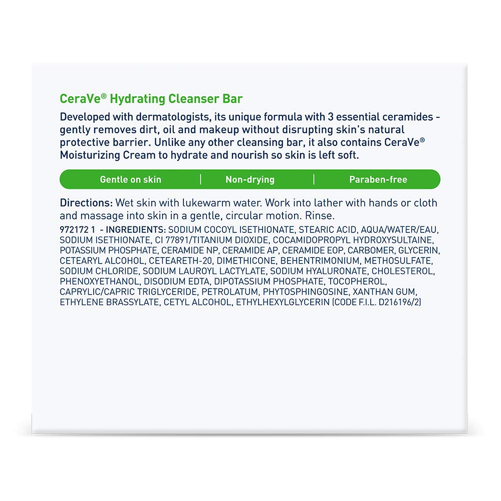 CeraVe Hydrating Cleanser Bar | Soap-Free Body and Facial Cleanser with 5% Cerave Moisturizing Cream | Fragrance-Free |2-Pack, 4.5 Ounce Each
