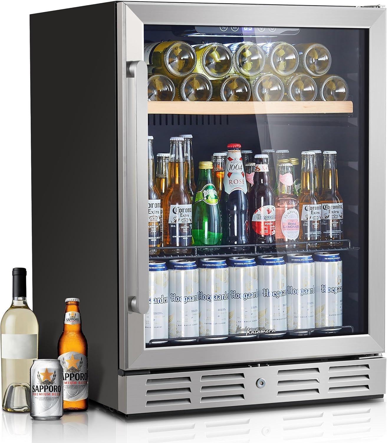Kalamera 24 inch Wine Cooler, 46 Bottle - Dual Zone Built-in or Freestanding Fridge with Stainless Steel Reversible Glass Door, for Home, Kitchen, or Office.