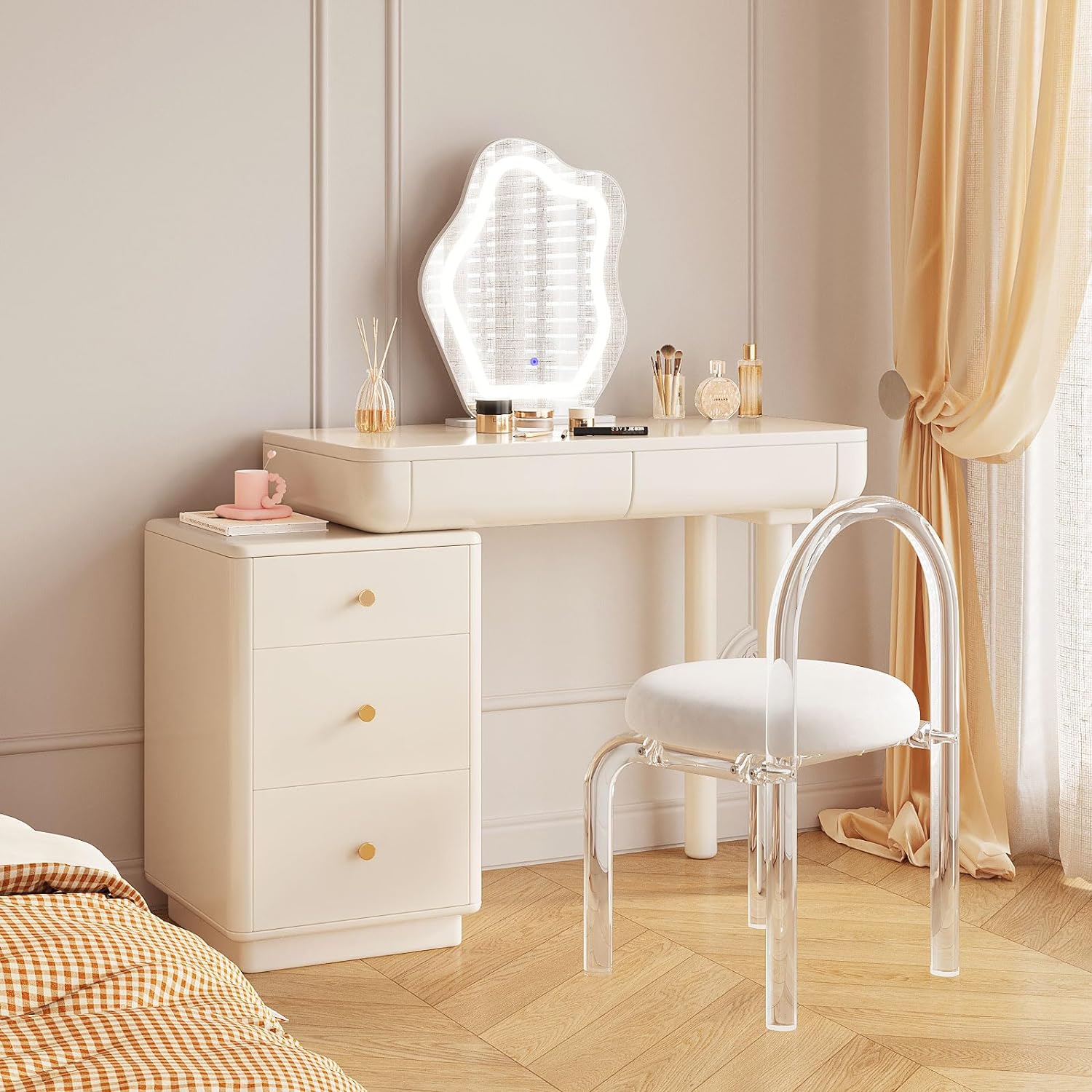 GraceNook White Makeup Vanity Desk, Vanity Desk with Lighted Mirror, 3 Lighting Modes Brightness Adjustable, Hidden Sliding Length, Bedroom White Vanity Table Set with 3 Drawers Separate Cabinets