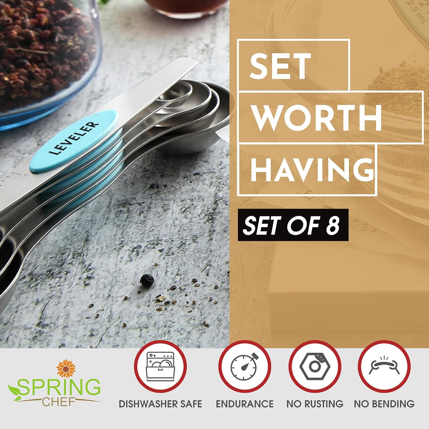 Spring Chef Magnetic Measuring Spoons Set with Strong N45 Magnets, Heavy Duty Stainless Steel Metal, Fits in Most Kitchen Spice Jars for Baking & Cooking, BPA Free, Black, Set of 8 with Leveler