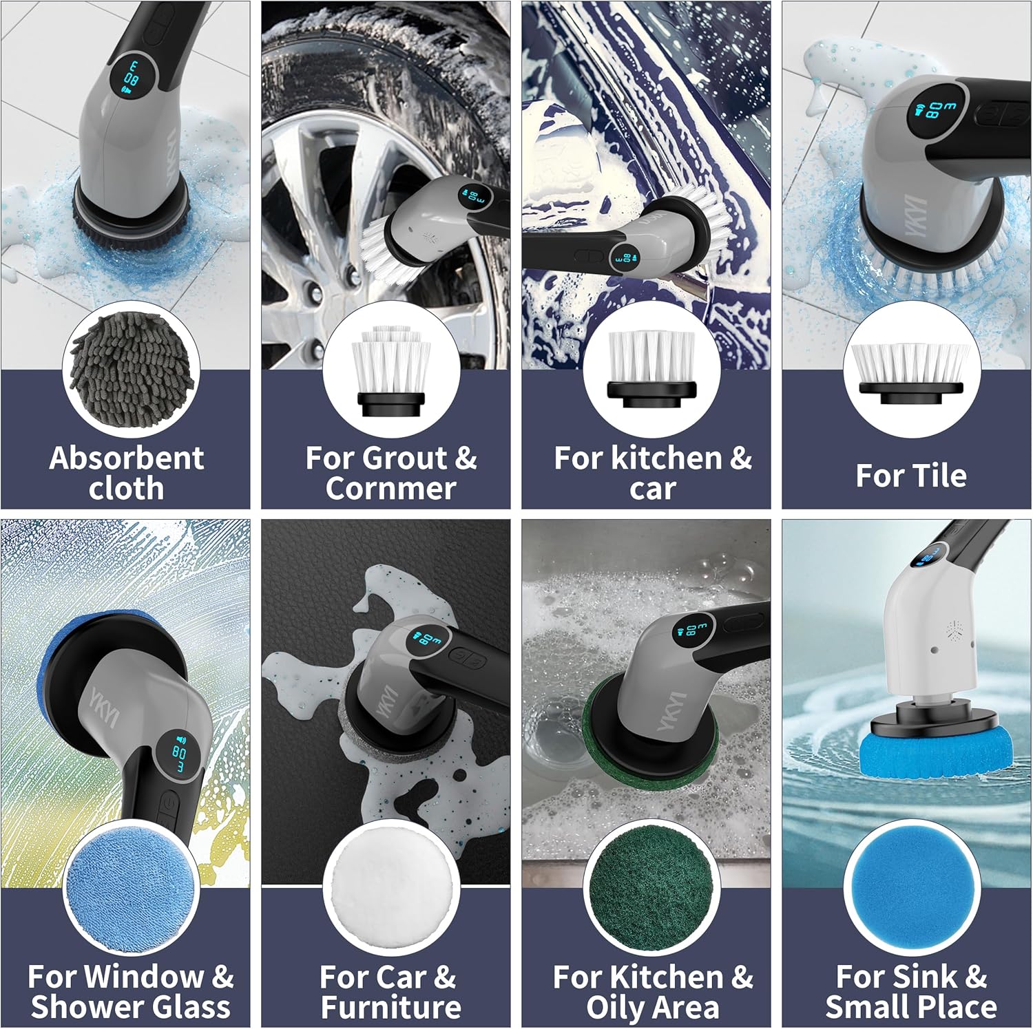 YKYI Electric Spin Scrubber,Cordless Cleaning Brush,Shower Cleaning Brush with 8 Replaceable Brush Heads, Power Scrubber 3 Adjustable Speeds,Adjustable & Detachable Long Handle,Voice Broadcast