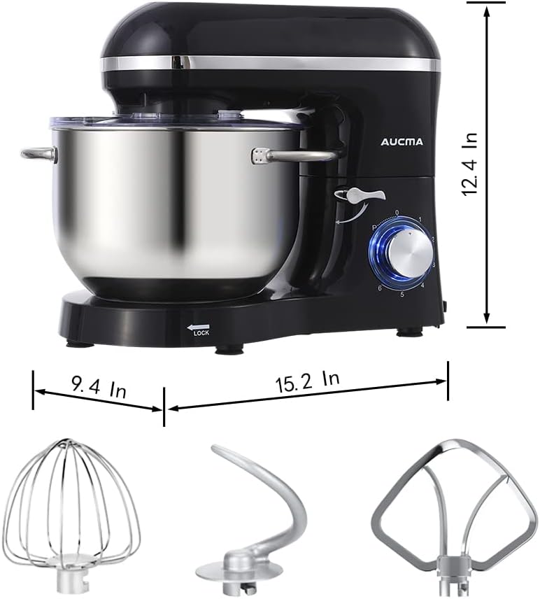 Aucma Stand Mixer,6.5-QT 660W 6-Speed Tilt-Head Food Mixer, Kitchen Electric Mixer with Dough Hook, Wire Whip & Beater (6.5QT, Black)