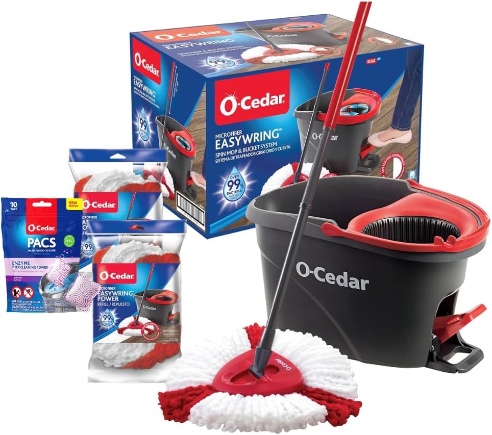 O-Cedar EasyWring Spin Mop & Bucket System +2 Power Refills with Citrus Cleaning PACS (Variety Pack)