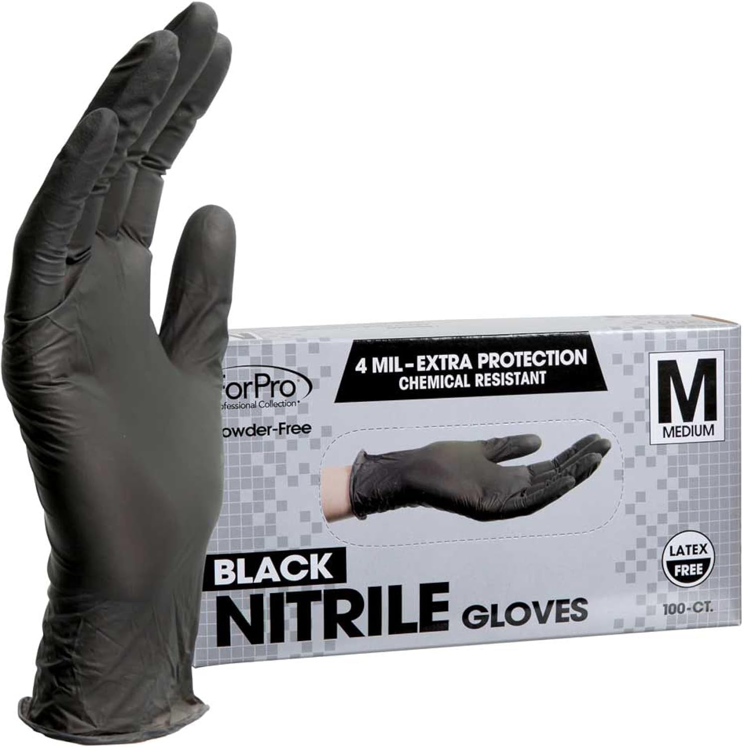 ForPro Professional Collection Disposable Nitrile Gloves, Chemical Resistant, Powder-Free, Latex-Free, Non-Sterile, Food Safe, 4 Mil, Black, Large, 100-Count