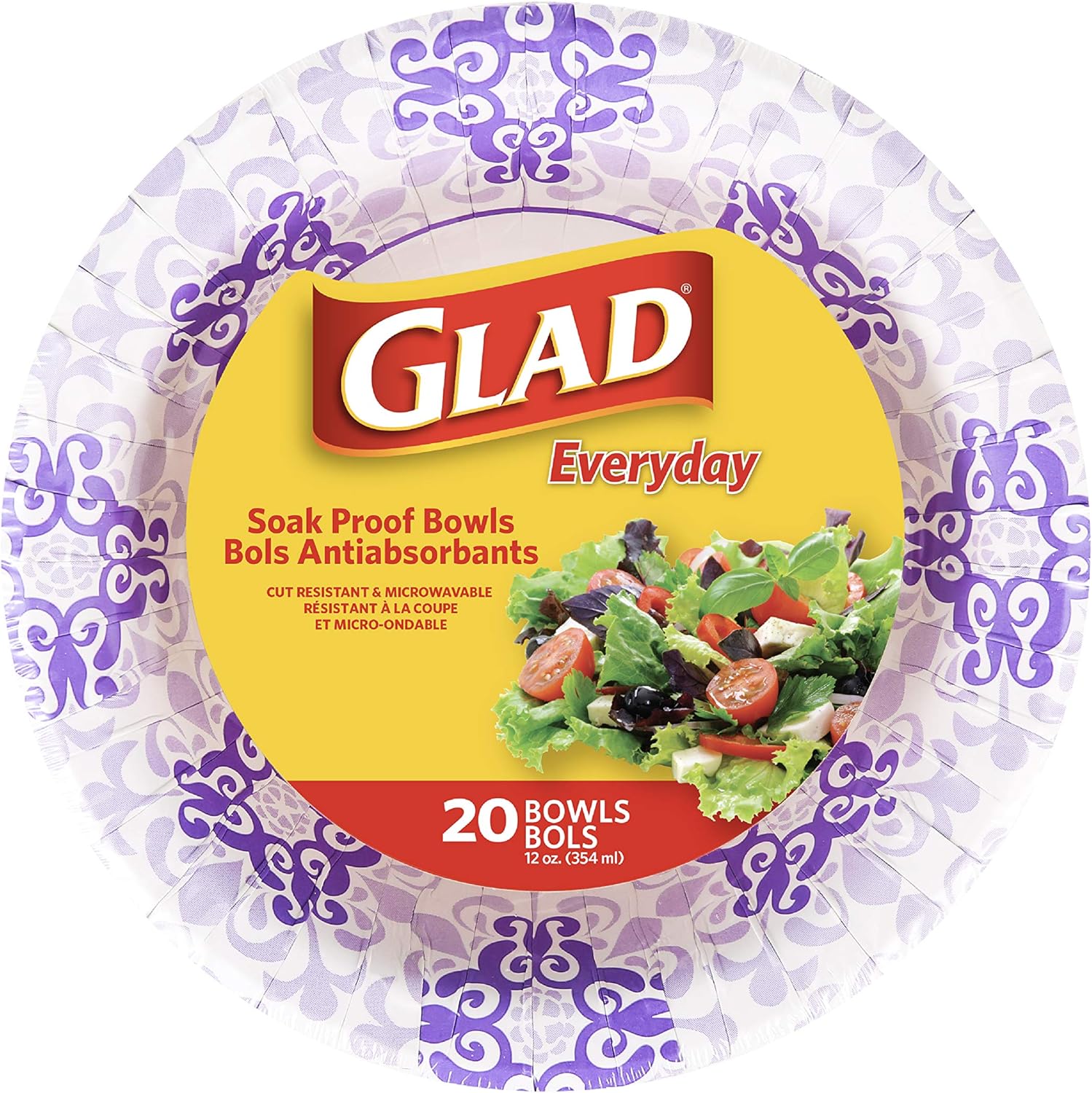 Glad Paper Bowls With Purple Victorian Design, 20Count | Disposable Paper Bowls for Parties & Picnics In Victorian Print | Microwave Safe Disposable Purple & White Bowls