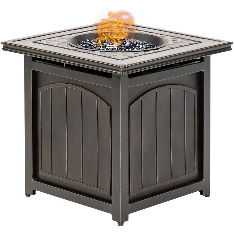3-Piece Steel Patio Fire pit Conversation Set with Sahara Sand Cushions and 26 in. Square Fire pit Side Table