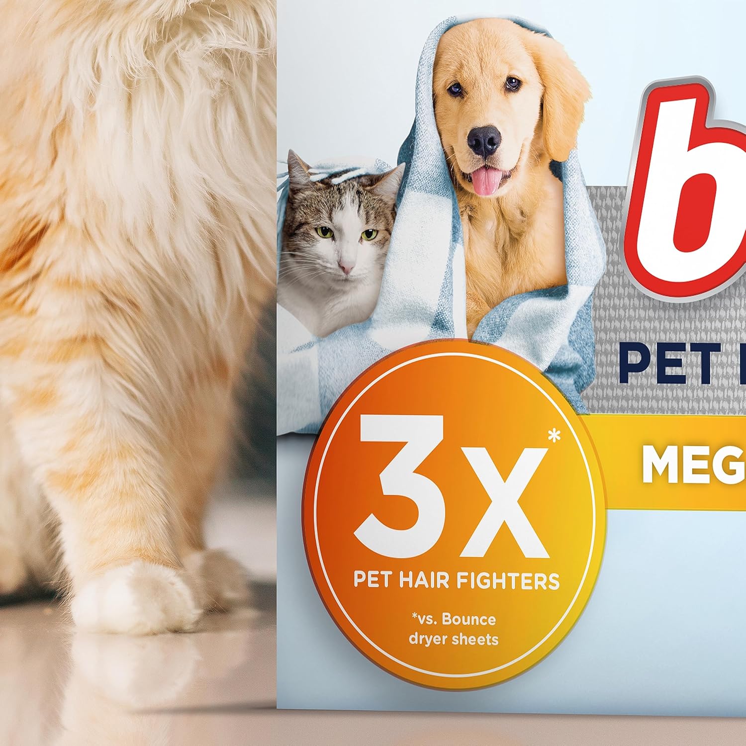 Bounce Pet Hair and Lint Guard Mega Dryer Sheets with 3X Pet Hair Fighters, Unscented, 130 Count
