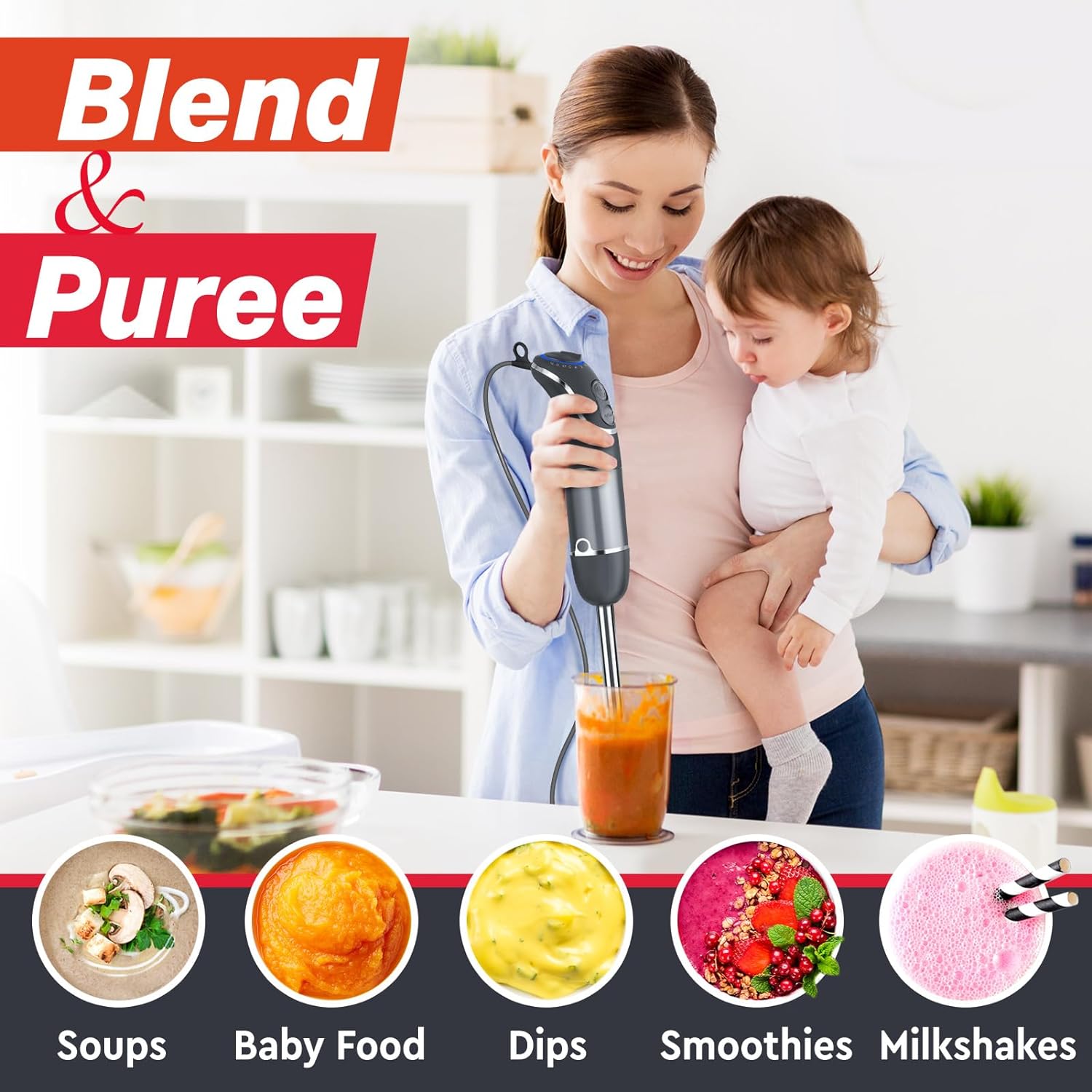 Mueller Multistick 800W 4-in-1 Immersion Blender Handheld, 12 Speed Hand Mixer - Turbo Boost, Heaviest Duty Copper Motor, Titanium Blades Hand Blender, Milk Frother Wand, Whisk, Beaker, Chopper